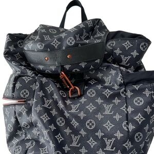 Louis Vuitton Black Backpack with Monogram Pattern and Drawstring Closure